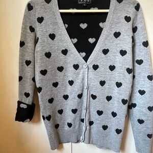 POL Grey Cardigan with Black Heart Pattern